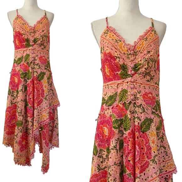 FARM Rio Blooming Floral Embroidered Handkerchief Midi Dress Size L Pink NWT - Picture 1 of 10